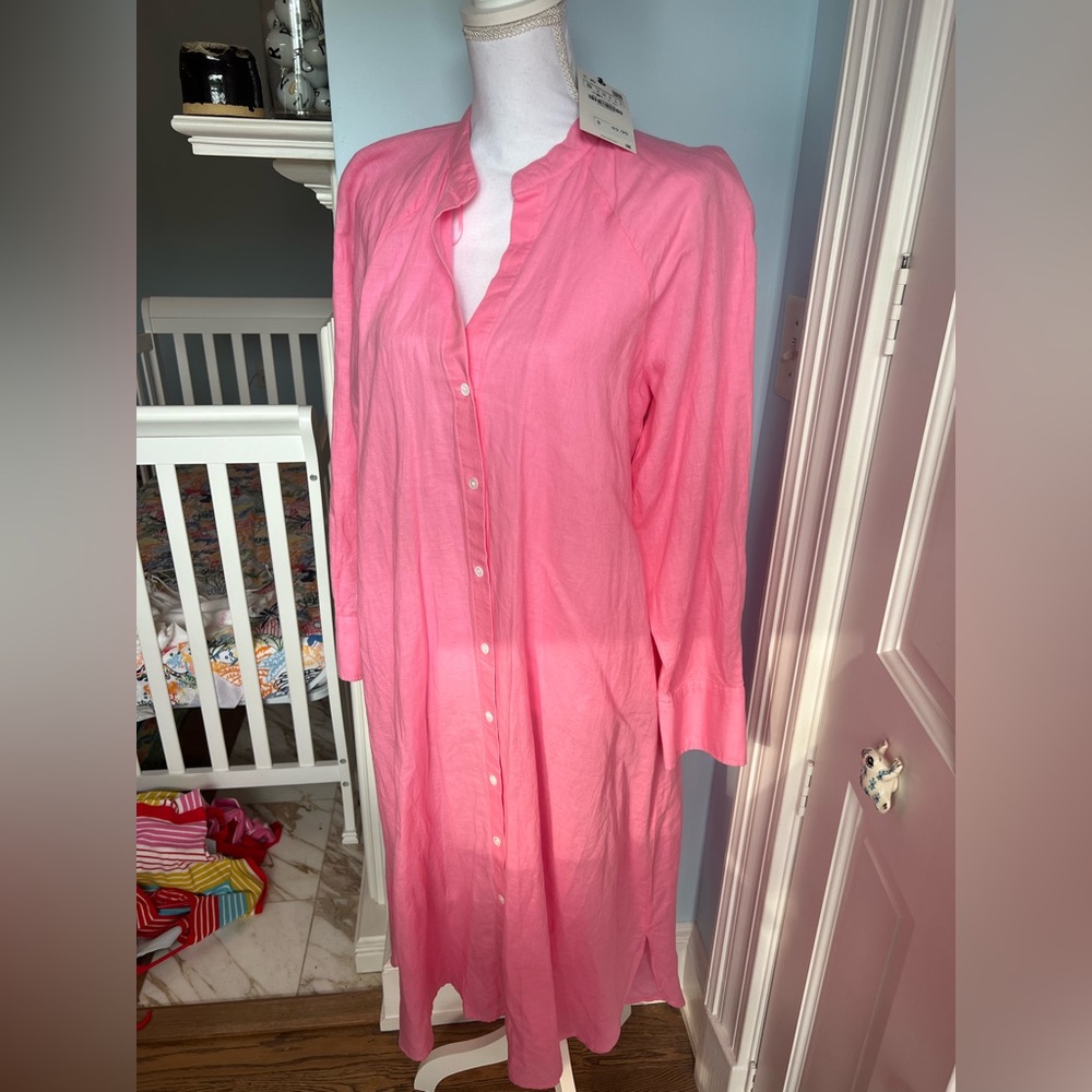 ZARA pink linen blend button down dress size S NWT